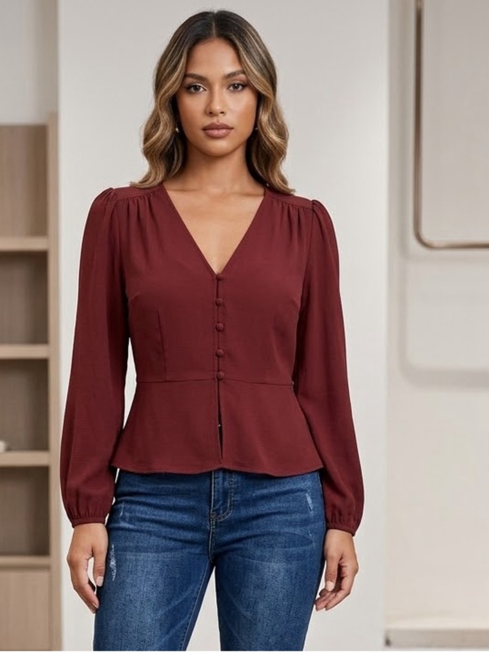 A New Day Maroon Red V-Neck Button Front Peplum Blouse Womens Size S NWT